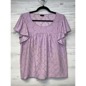 Ann Taylor Top Womens Large‎ Purple Eyelet Flutter Sleeve Blouse Summer Floral